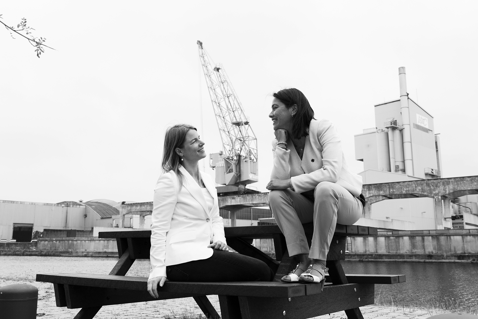 Daphne Laan and Sonja Wekema at a boardroom table, black-and-white photograph